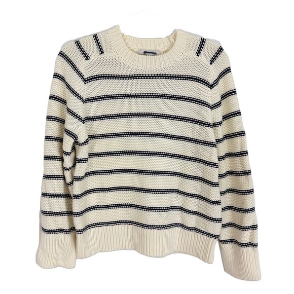 MADEWELL Cotton Crewneck Sweater S Bright Ivory Navy Stripe Long Sleeve NWT B10 - Picture 2 of 6